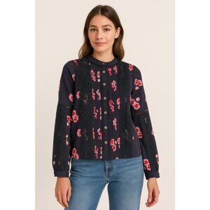Sea New York Navy Silk Floral Lace Panel Button Up Coquette Blouse Size 2